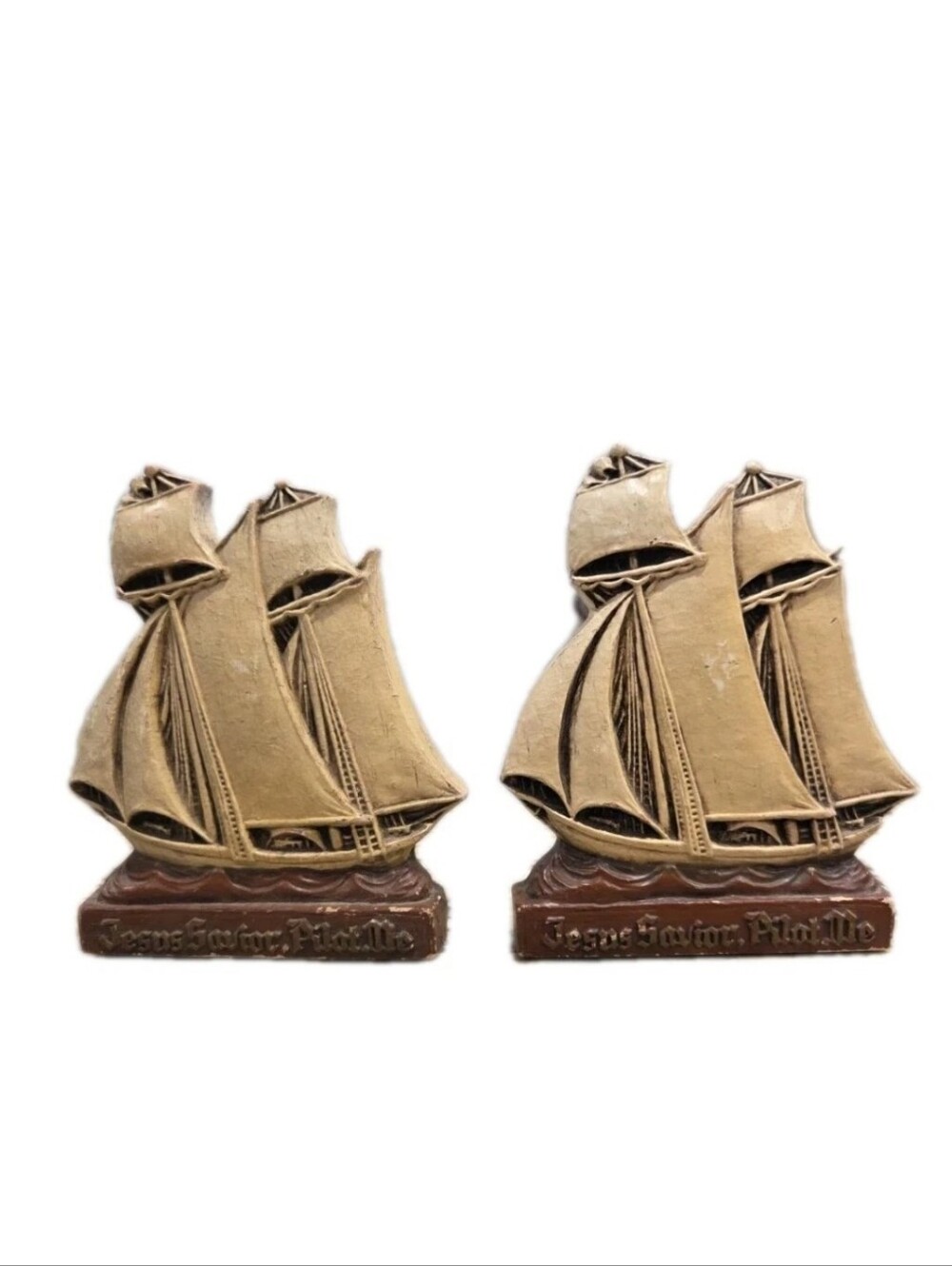 Vintage Syroco Sailing Clipper Ship Bookends Nautical Jesus Savior Pilot Me